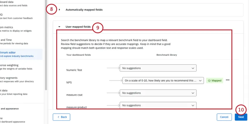 Página siguiente donde se asignan los campos