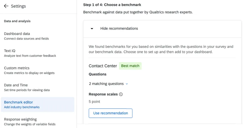 a caixa na parte superior do construtor de benchmark tem uma recomendação, destacada com um banner que diz melhor correspondência