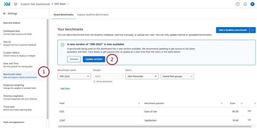 Banner de actualización de versiones en la parte superior del editor de puntos de referencia