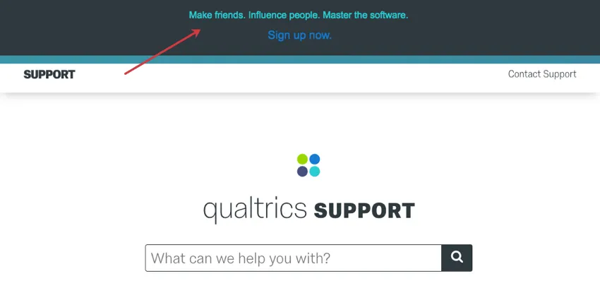Uma barra de informações escura na parte superior da comunidade de publicidade do site de suporte