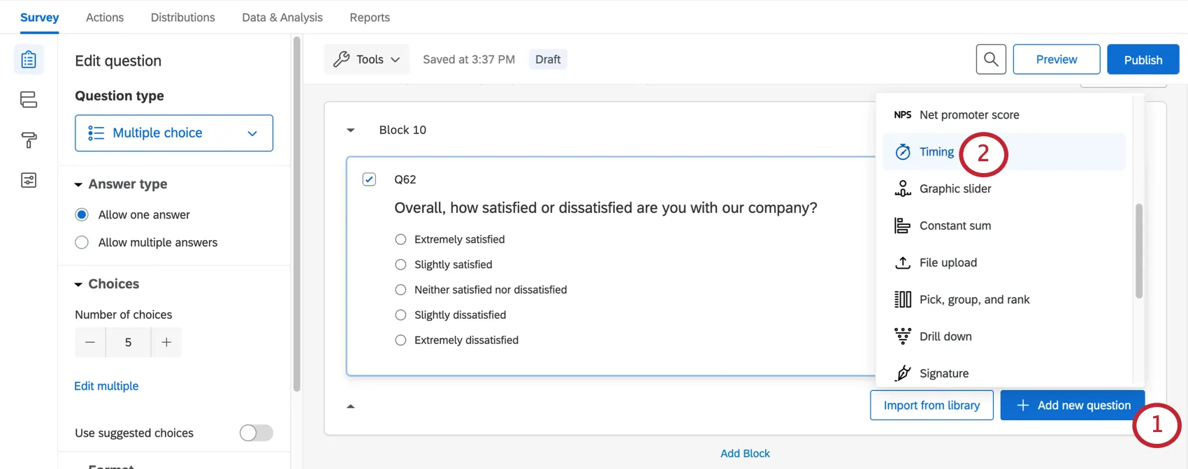 Add new question button bottom of block, menu expands with list of question types, here timing is selected