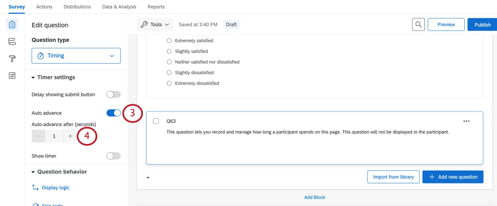 In question editing pane to left, auto-advance settings re being adjusted