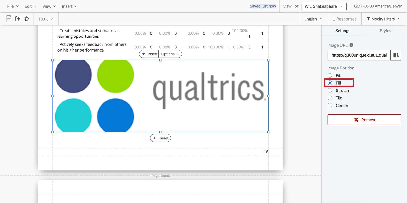 Unter der Option Füllen wird Bild abgeschnitten, um an die Breite anzupassen.