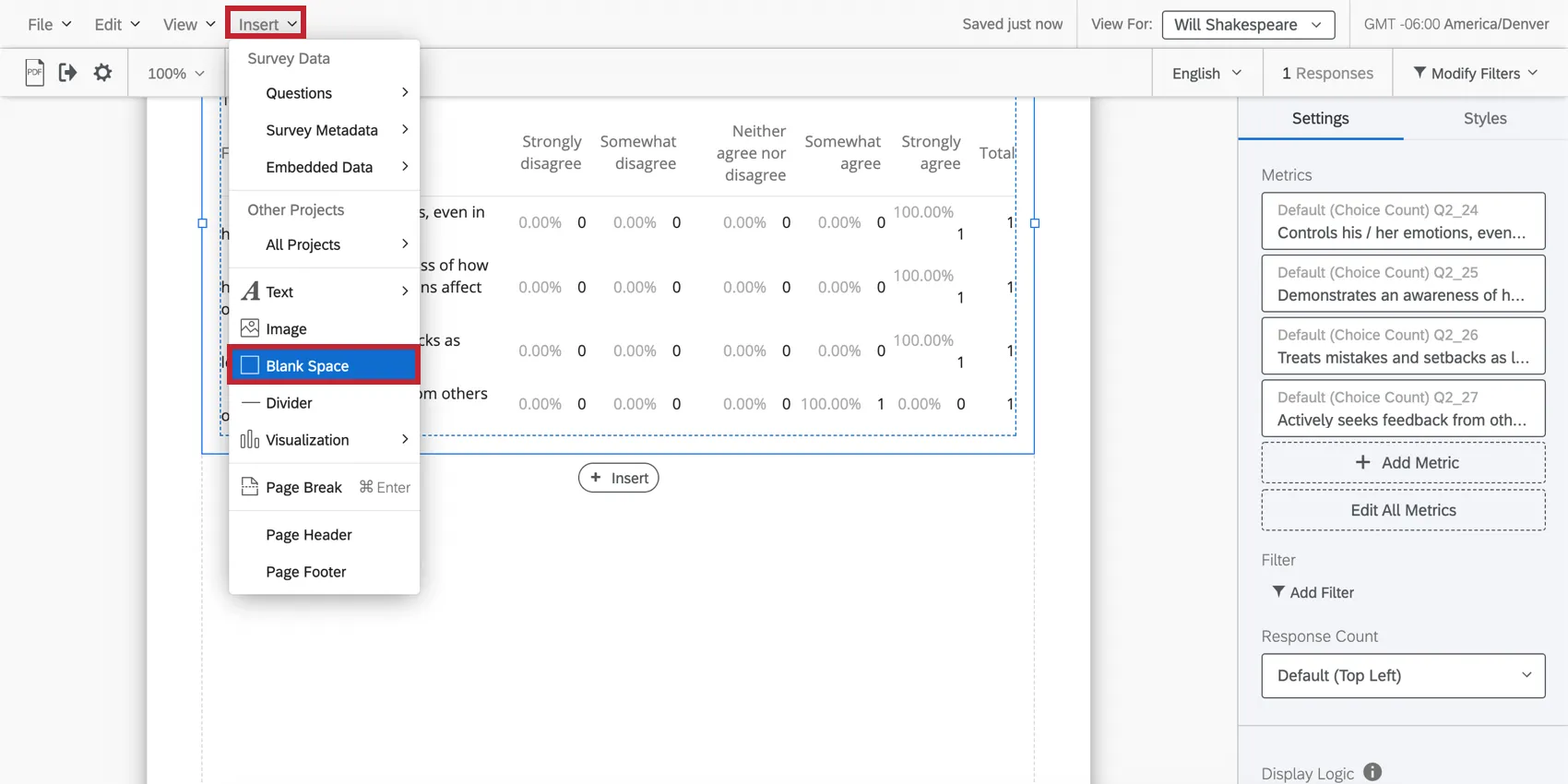 Blank Space option in the Insert dropdown
