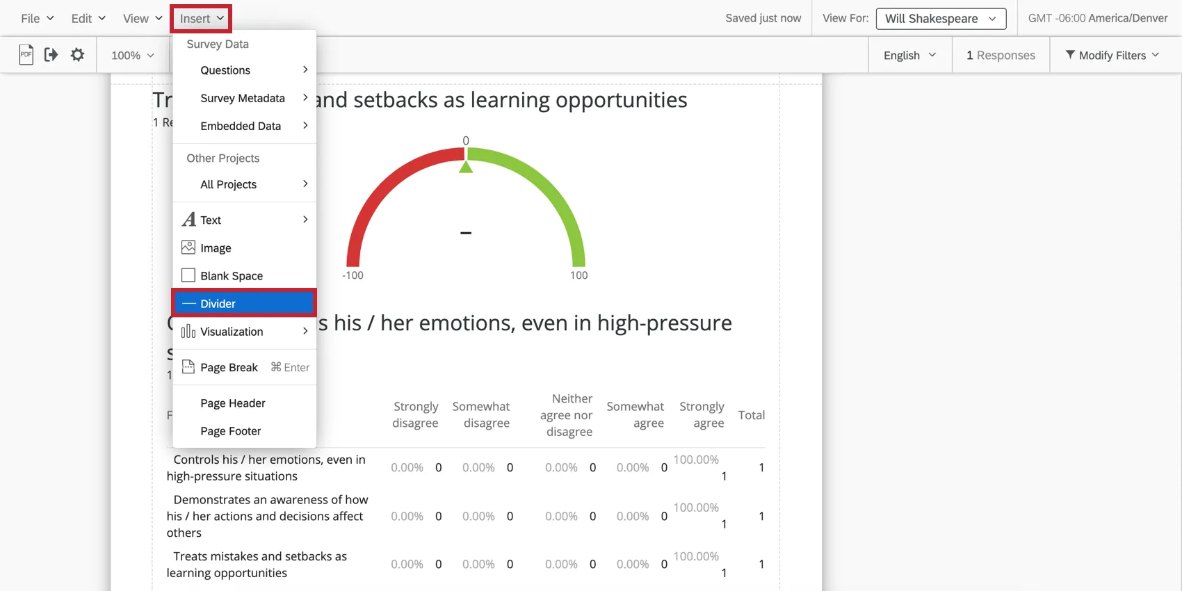 Opção de Divisor no menu Inserir