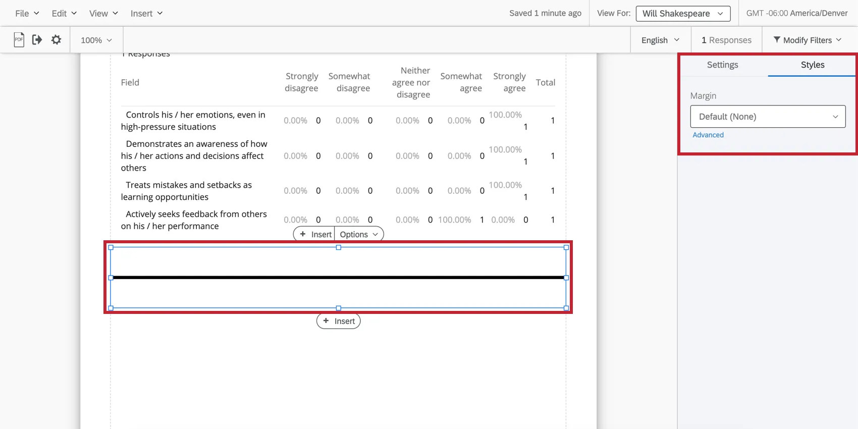 Divisor Styles and Margins (Estilos de divisão e margens) no painel de edição à direita