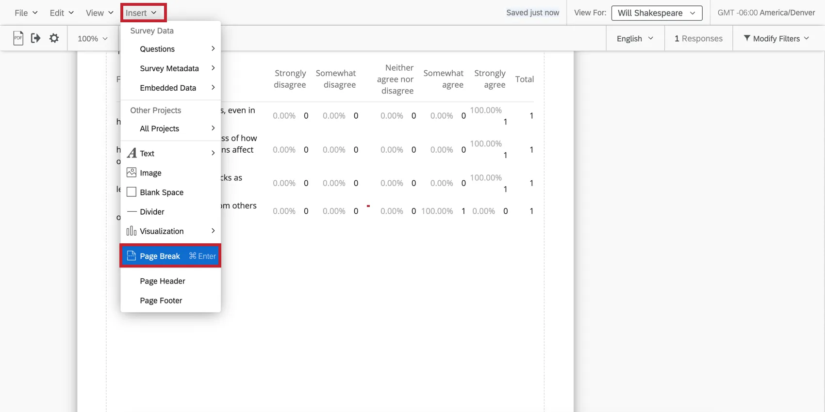 Page break option on the insert menu