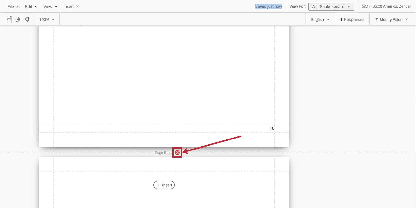 Supprimer le saut de page en cliquant sur le X dans le saut de page entre les pages