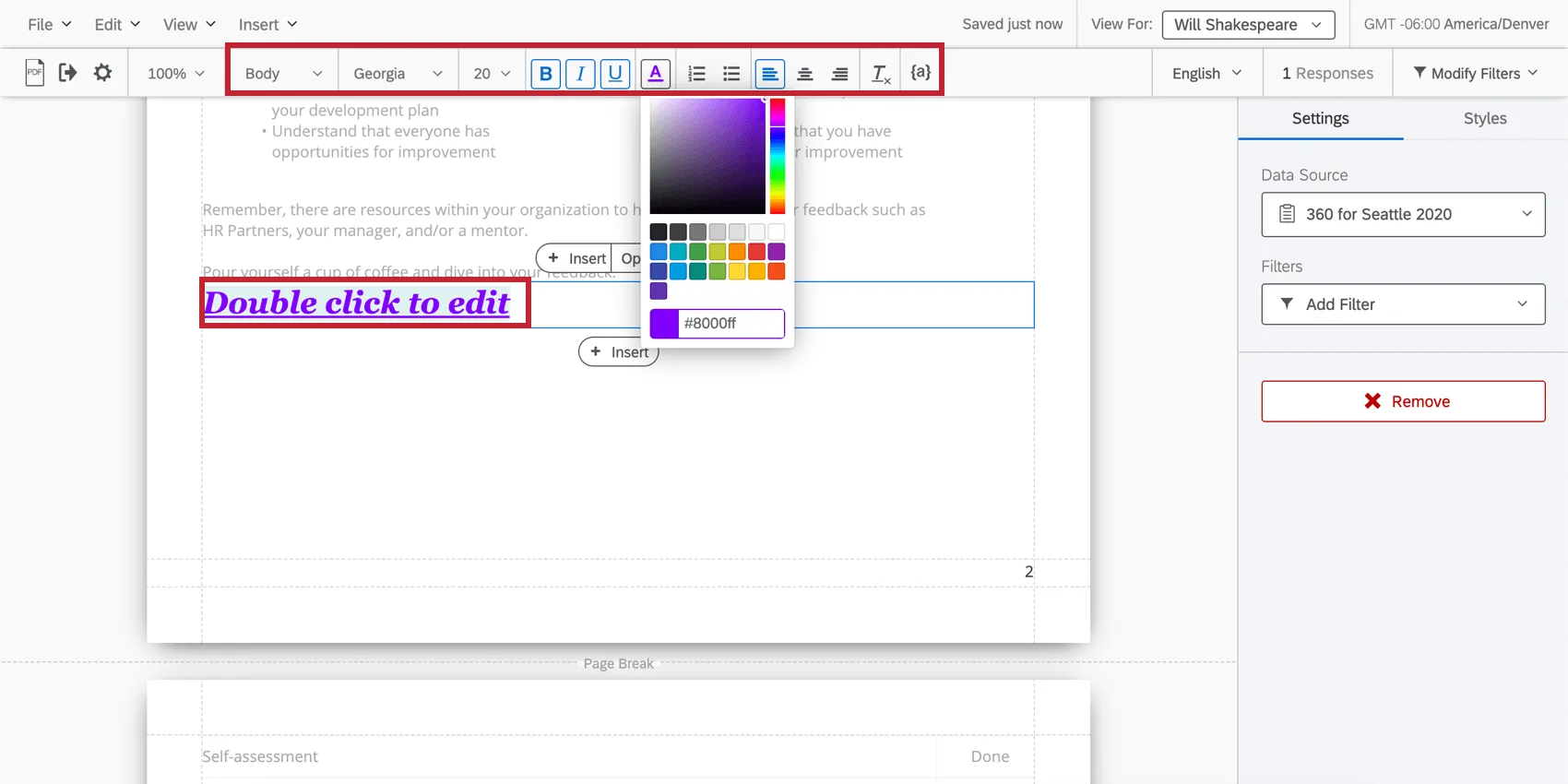 Facendo doppio clic sullarea di testo, viene visualizzato un editor per contenuti avanzati nella parte superiore
