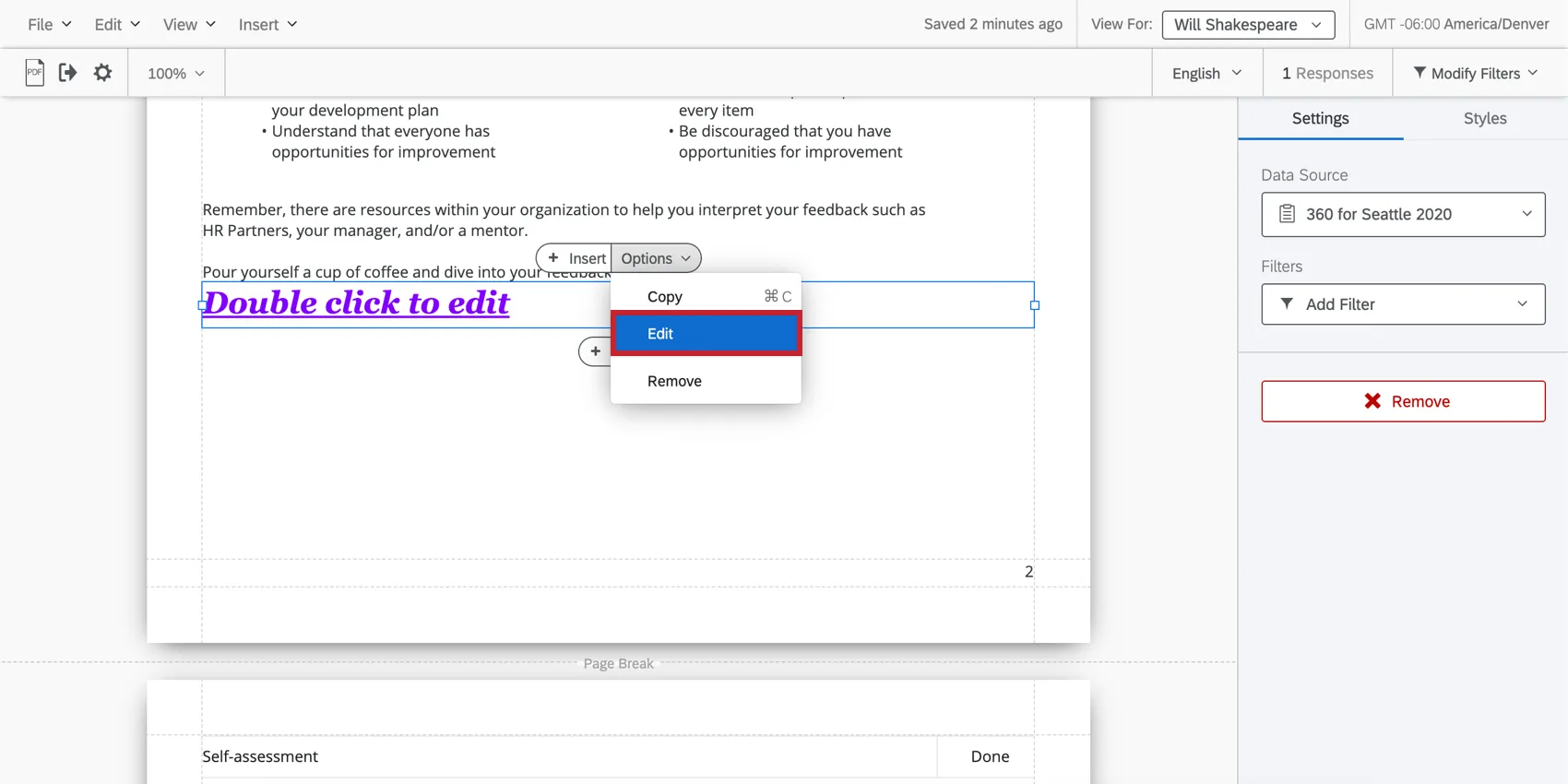 une zone de texte dans un rapport. le menu des options est développé pour cliquer sur modifier dans le menu