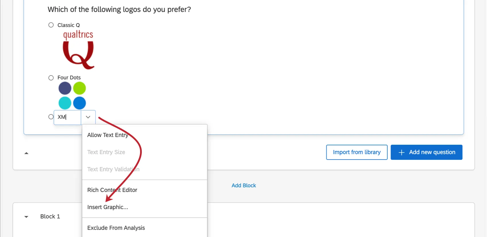 Em uma opção de resposta em uma pergunta, o menu suspenso azul expande um menu, e uma das opções é inserir gráfico