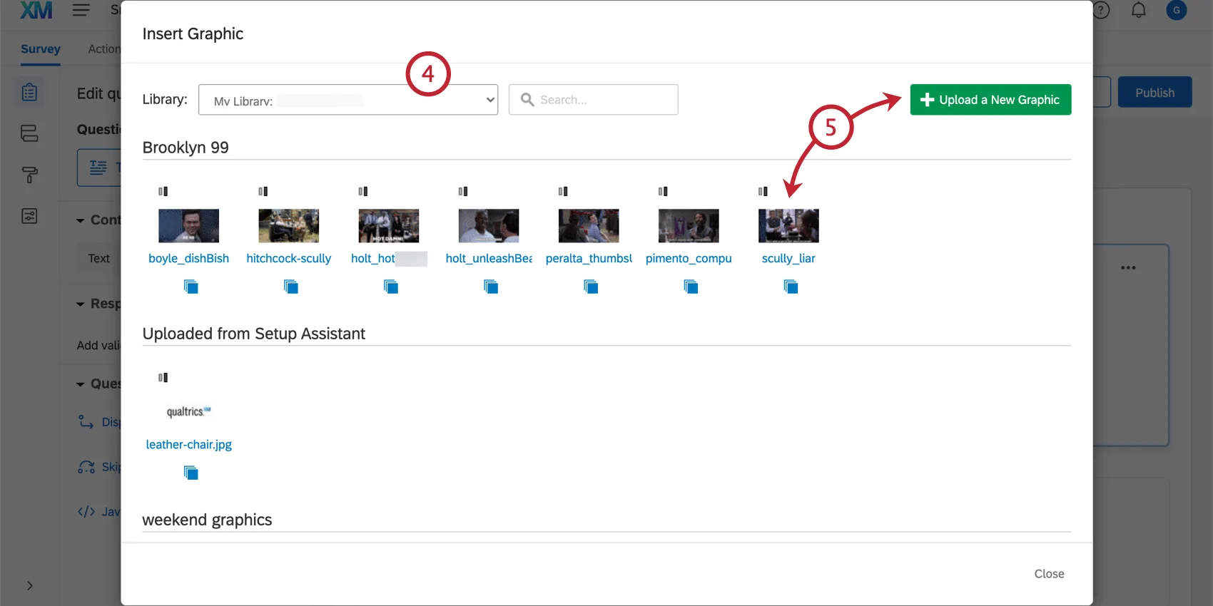 Inserting a graphic from the library or from a newly uploaded file in the Insert Graphic window