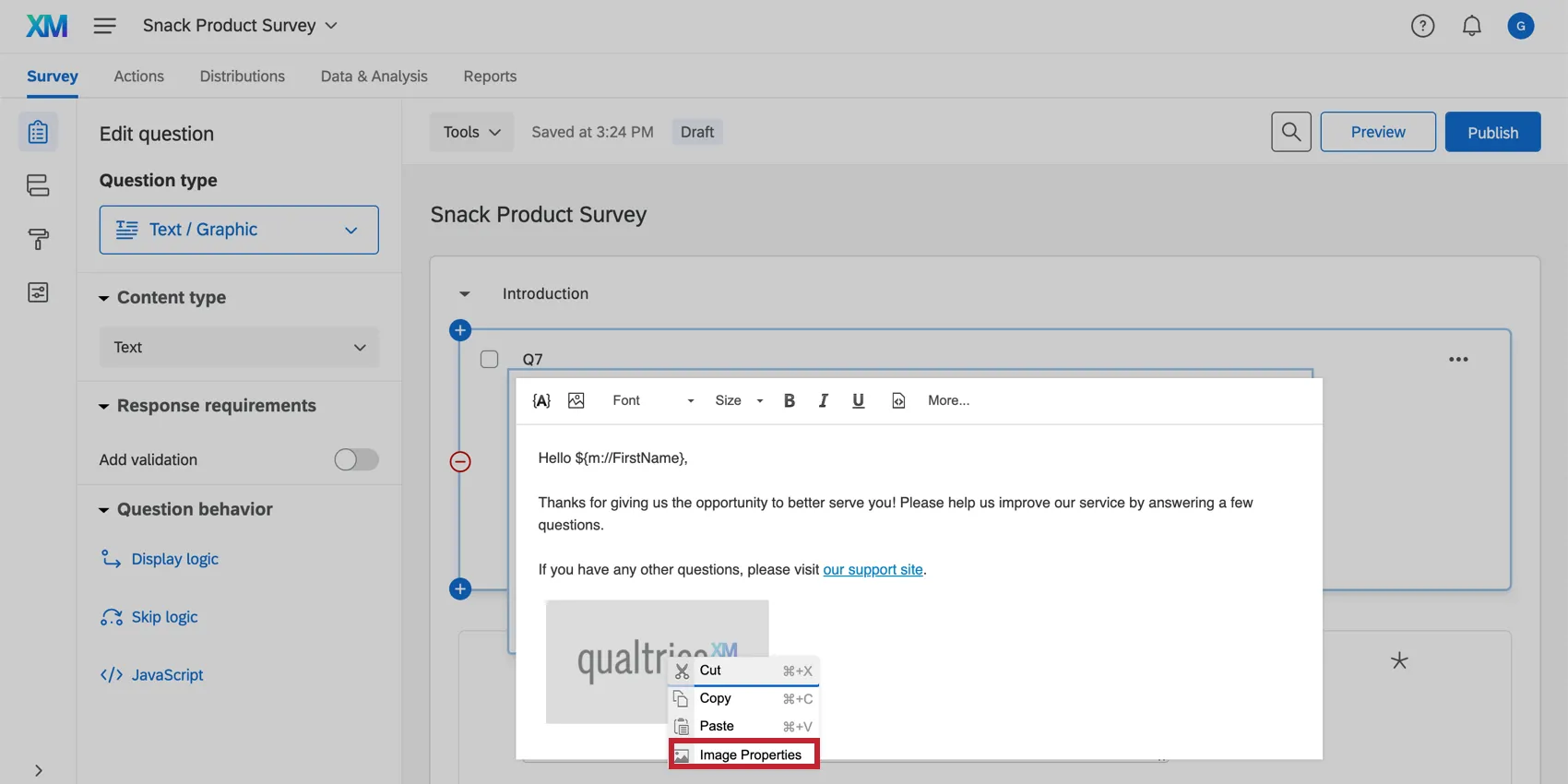 Loption Propriétés de limage apparaît en cliquant avec le bouton droit de la souris sur le graphique inséré