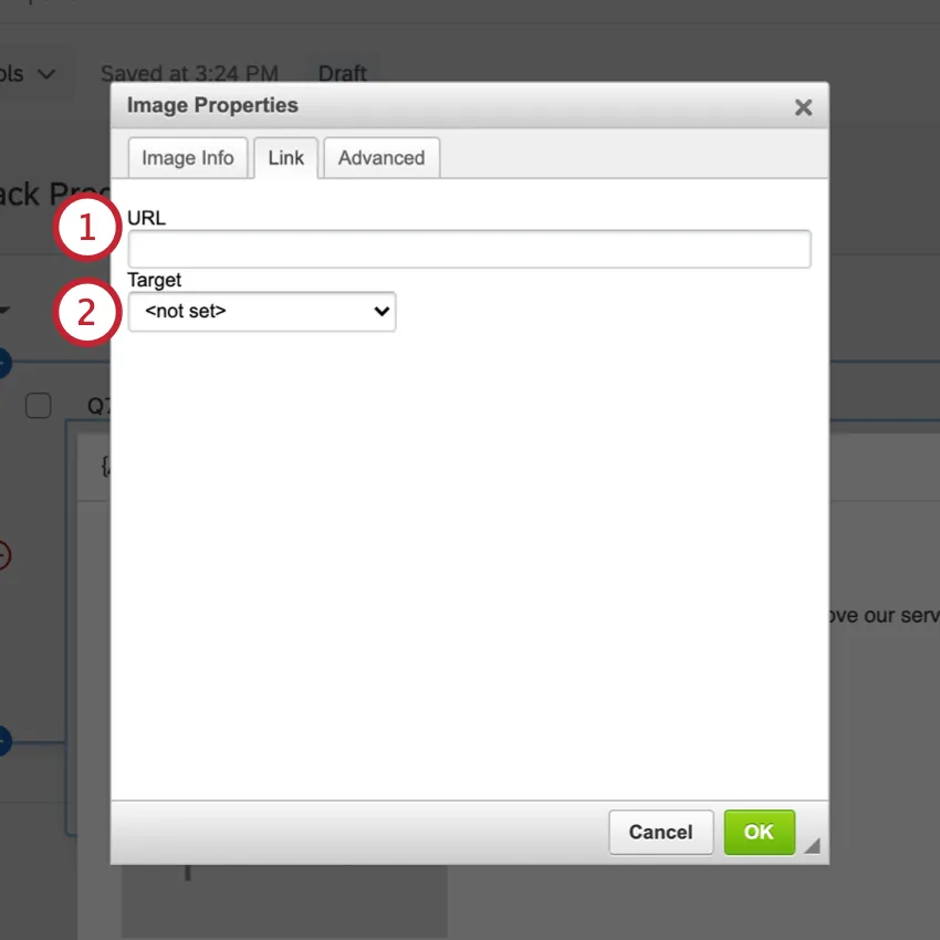 Link section of the image properties window