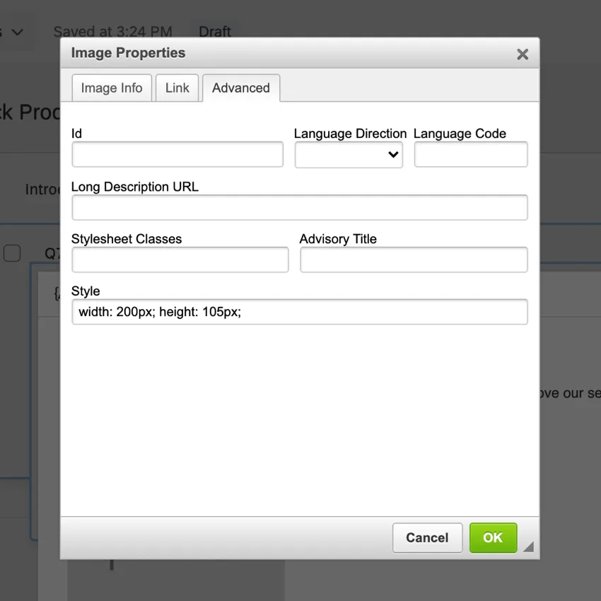 Advanced section of the image properties window