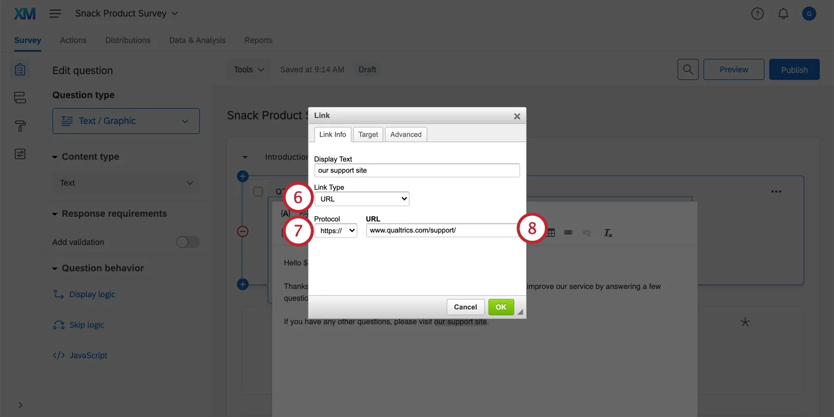 Opções de tipo de link no editor de hiperlinks