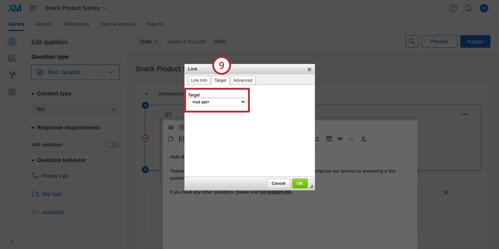 Reiter „Ziel“ im Hyperlink-Editor