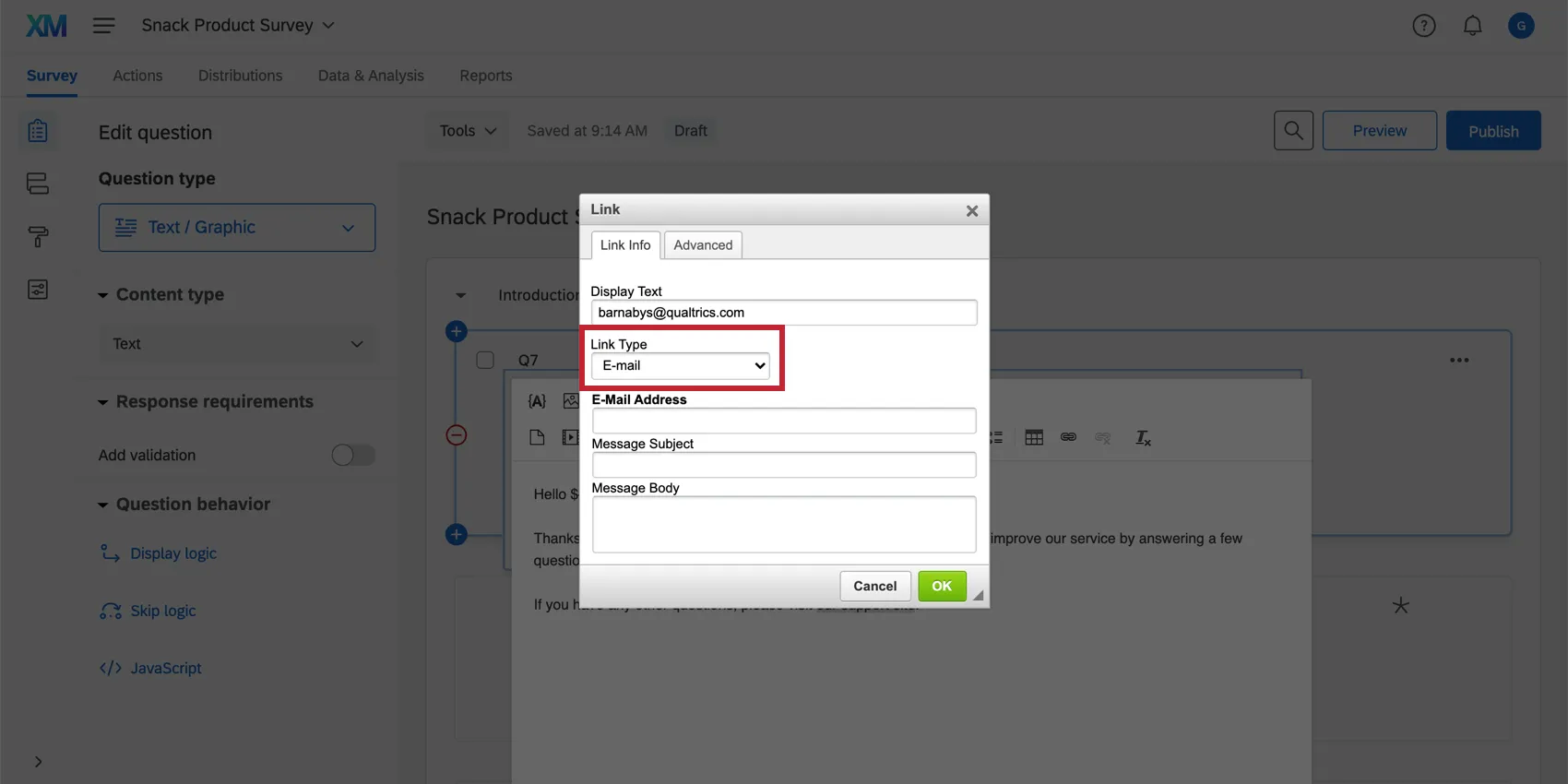 Changing the link type to Email Address