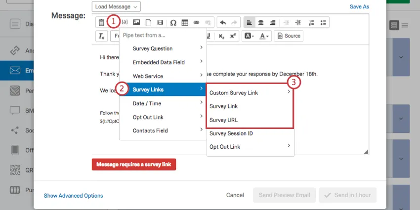 Piped text button opens a menu of Survey Link options