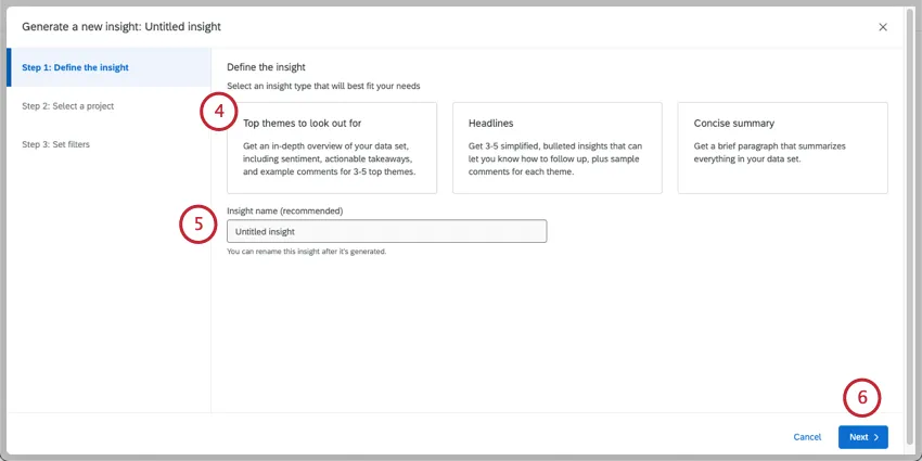 una nuova finestra che chiede di definire linsight e di impostare un nome per linsight