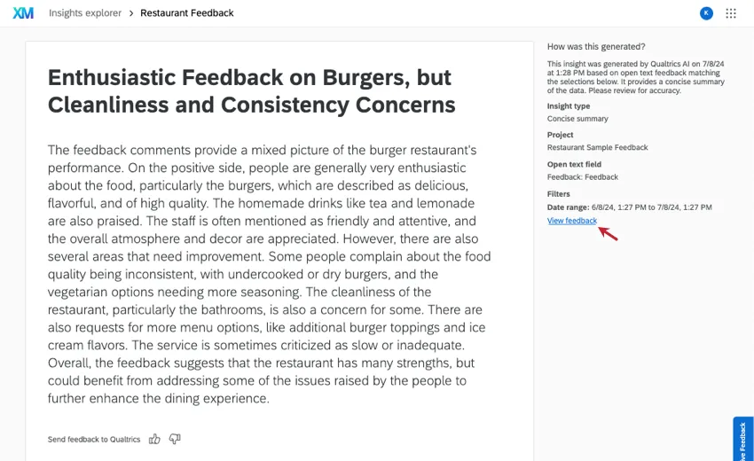 insight is opened. tiny button to view feedback on right of page