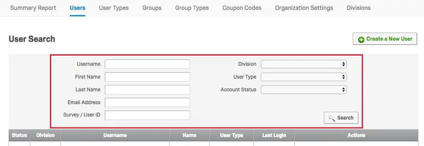 the search fields used to search for users