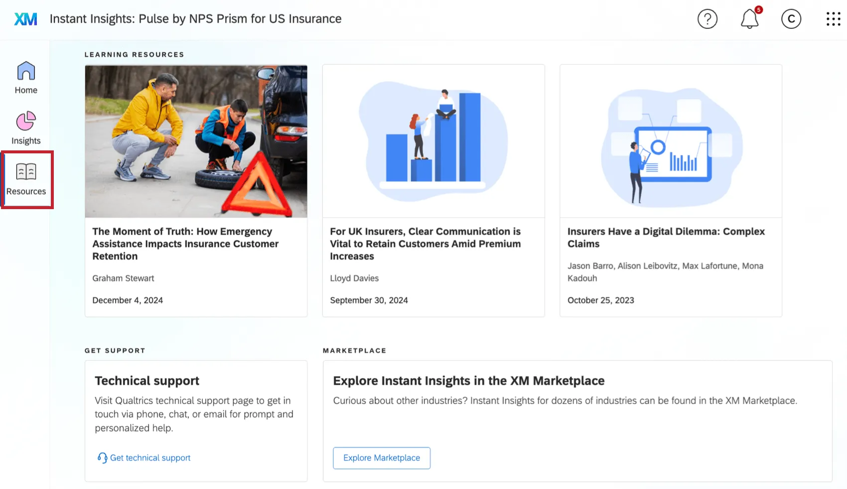 "Resources" tab highlighted within the instant insights app