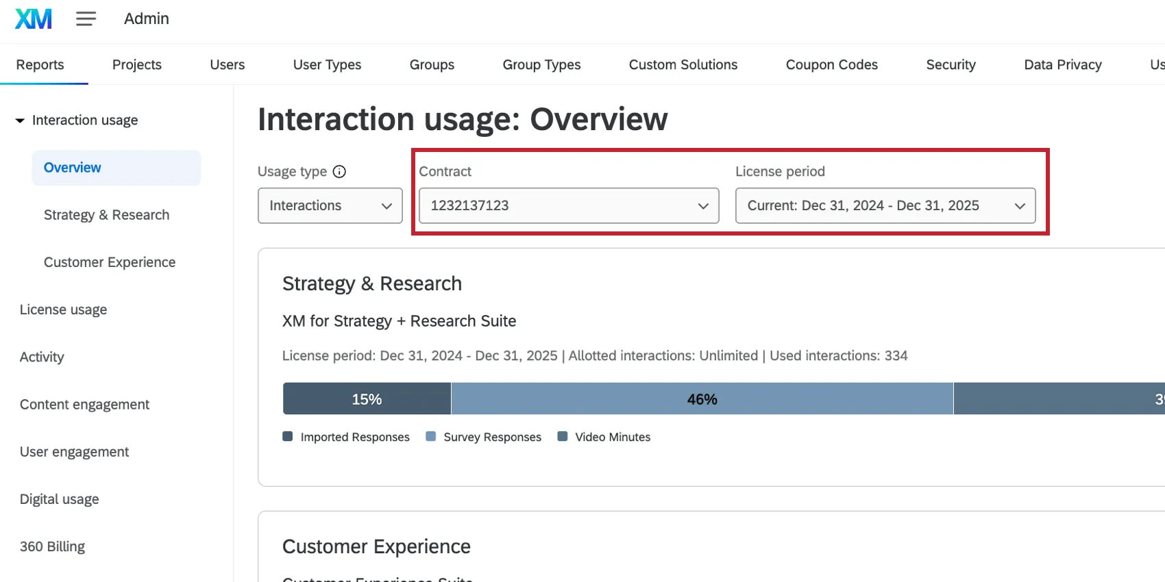 the contract and license dropdown menus in the interaction usage report