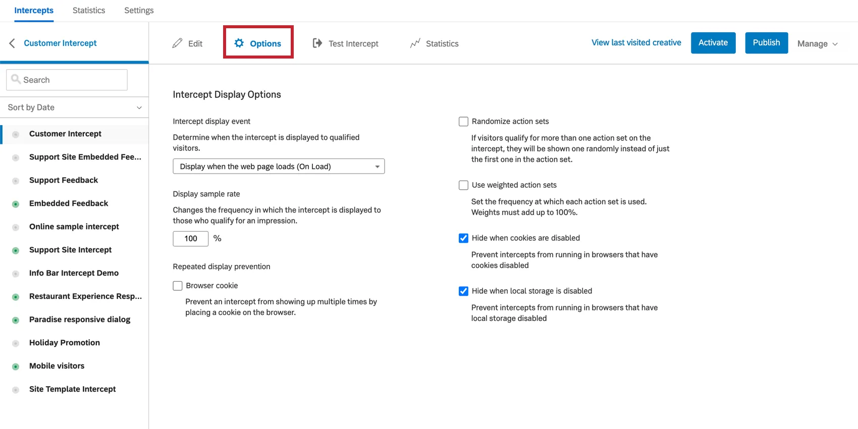 Options section of an intercept, with several settings that can be checked on/off