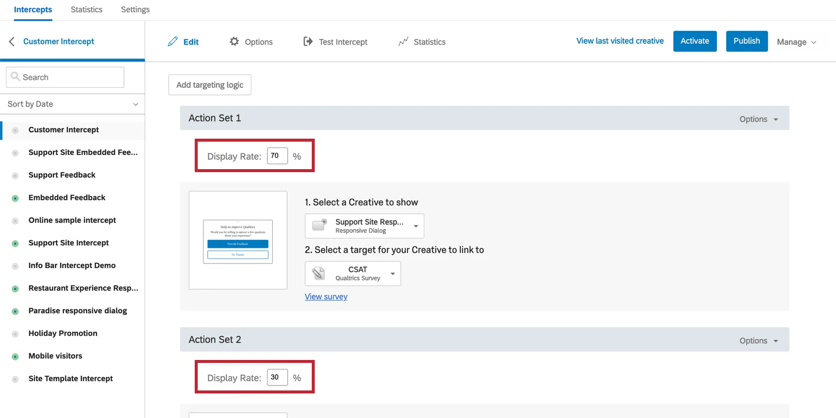 Display rate percentage is shown at the top of two action sets