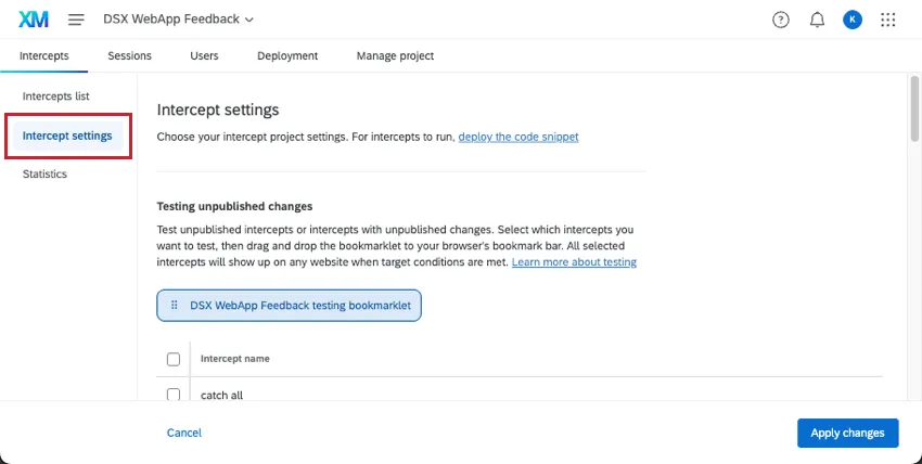 intercept settings section of session replay