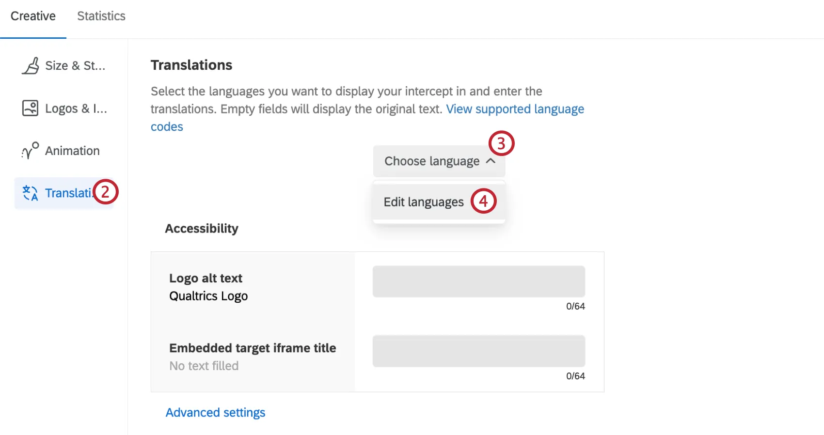 Adding translations to a feedback button or responsive dialog creative