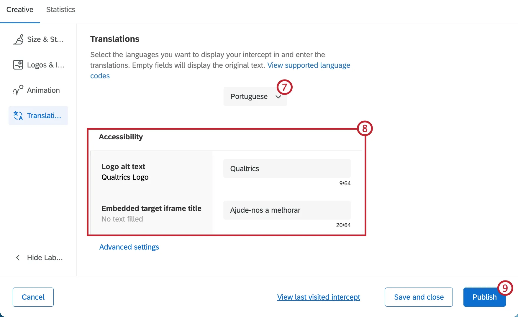 Ajout de traductions ; un exemple pour le portugais est présenté, avec des traductions disponibles pour tous les champs de saisie