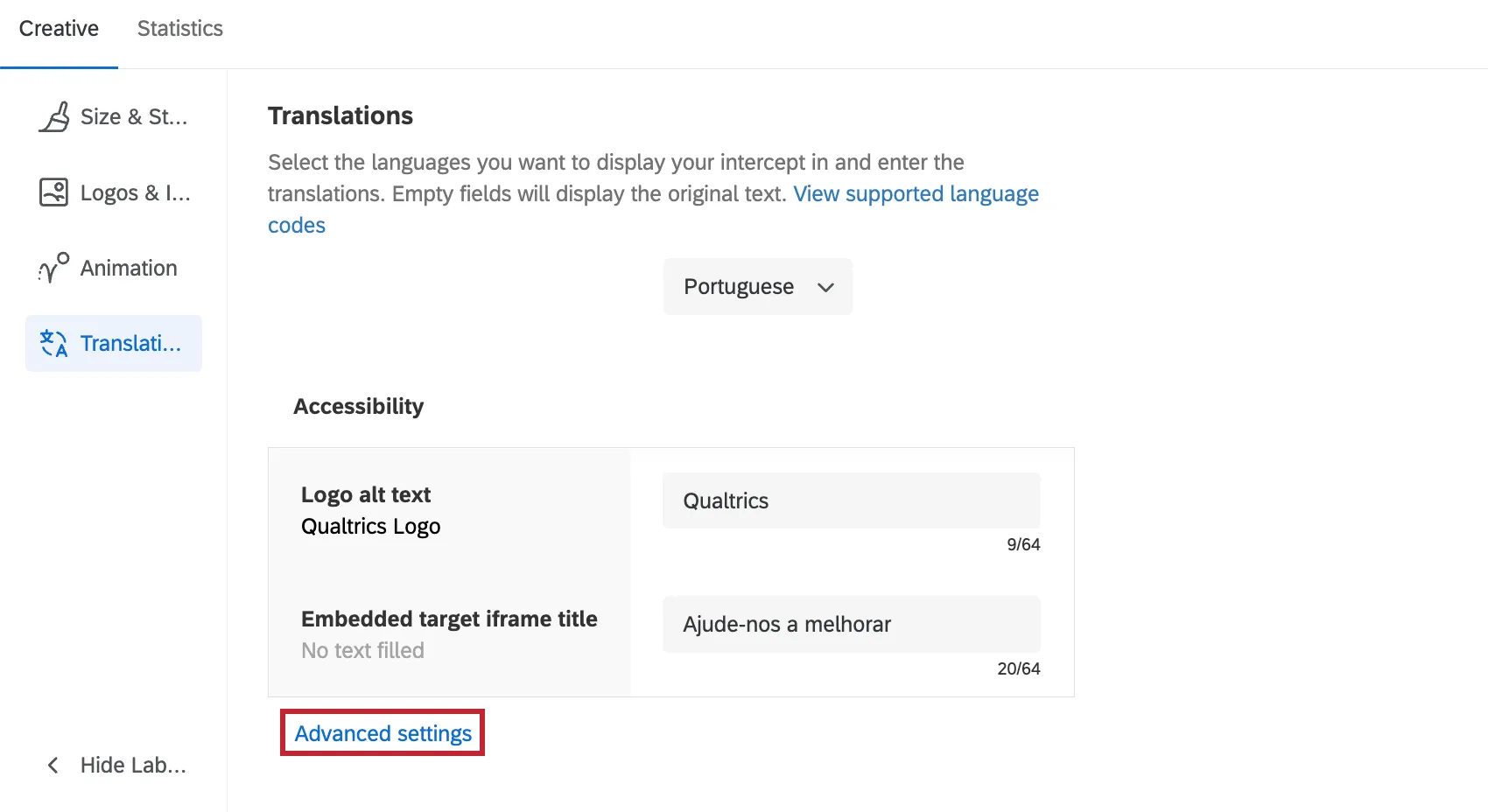 Advanced settings at the bottom of the Translations tab