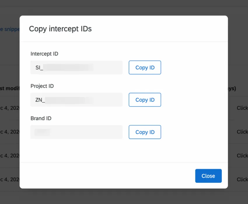 new window where you save intercept IDs to your clipboard