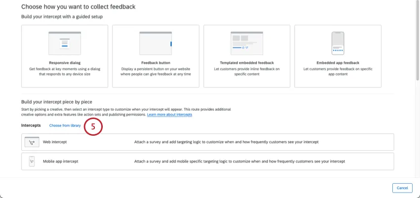 library button next to intercepts and creatives headings