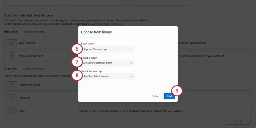 new window where you name the intercept and choose where to save it in the library