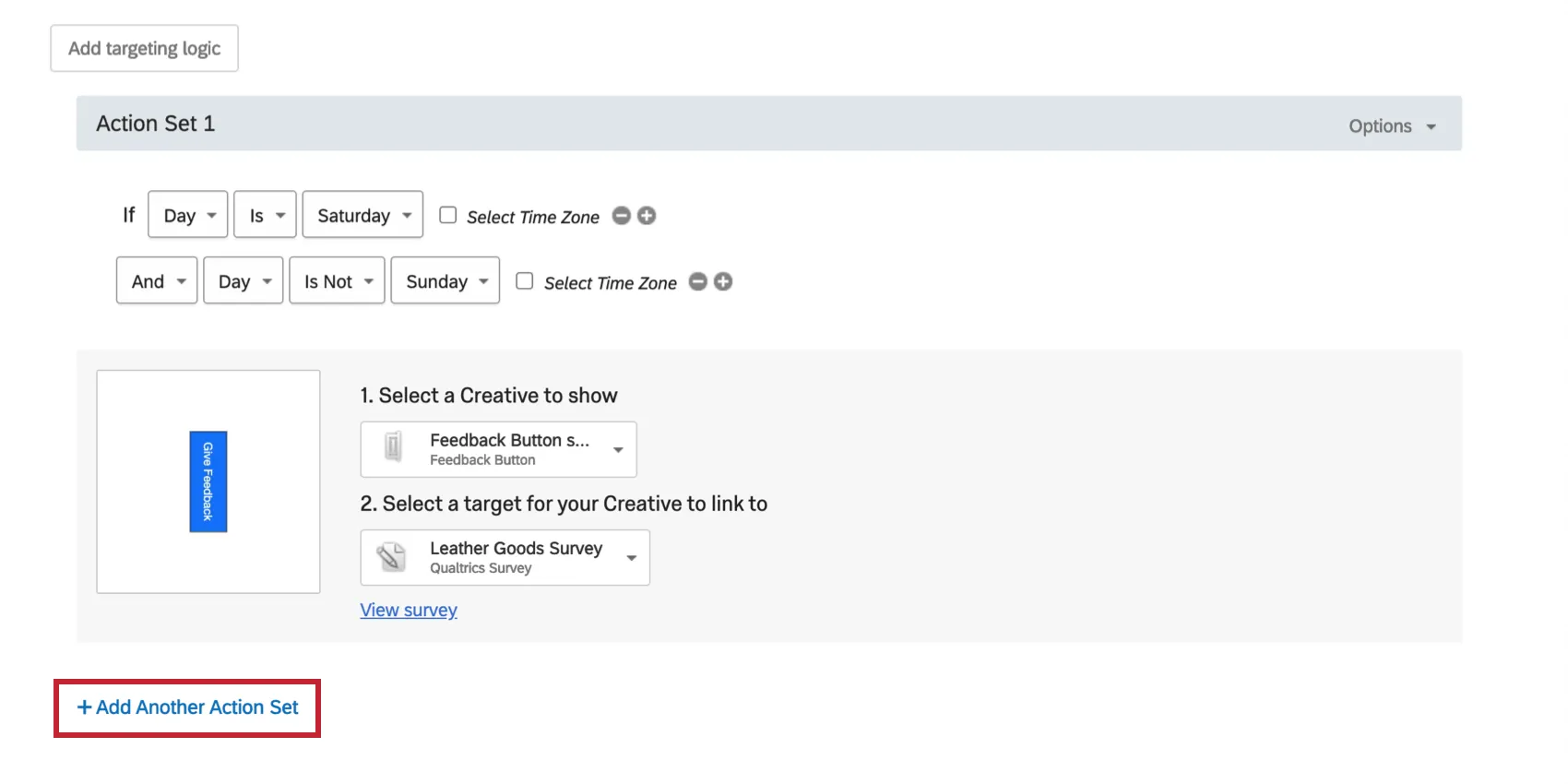 At the bottom of the action set, the Add another Action Set button