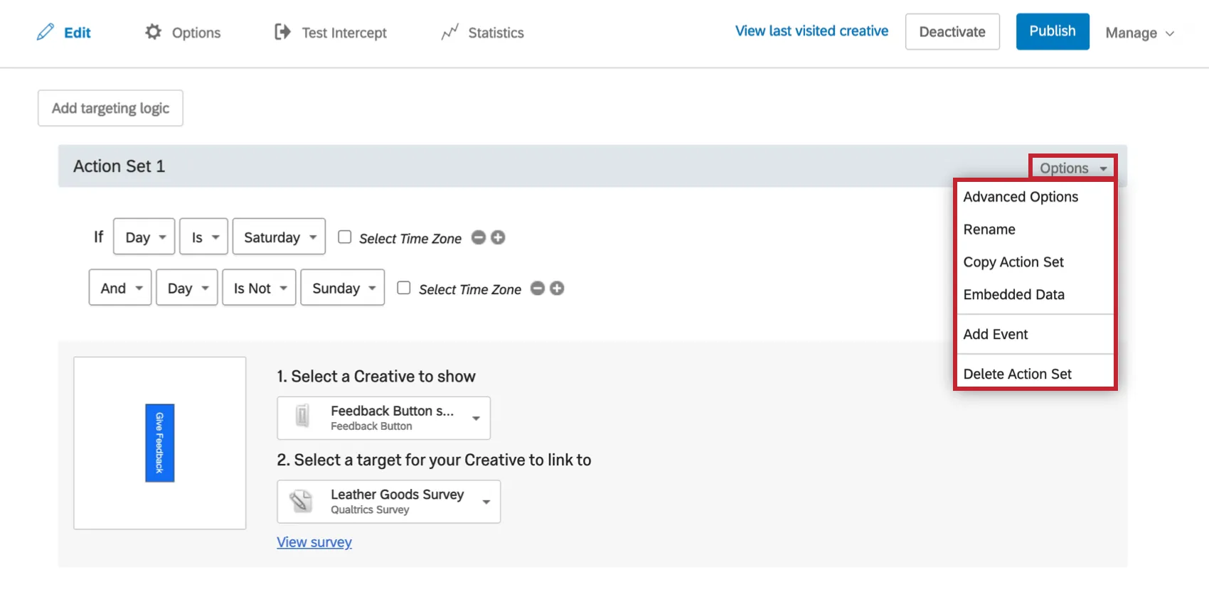 Menú desplegable Opciones del conjunto de acciones