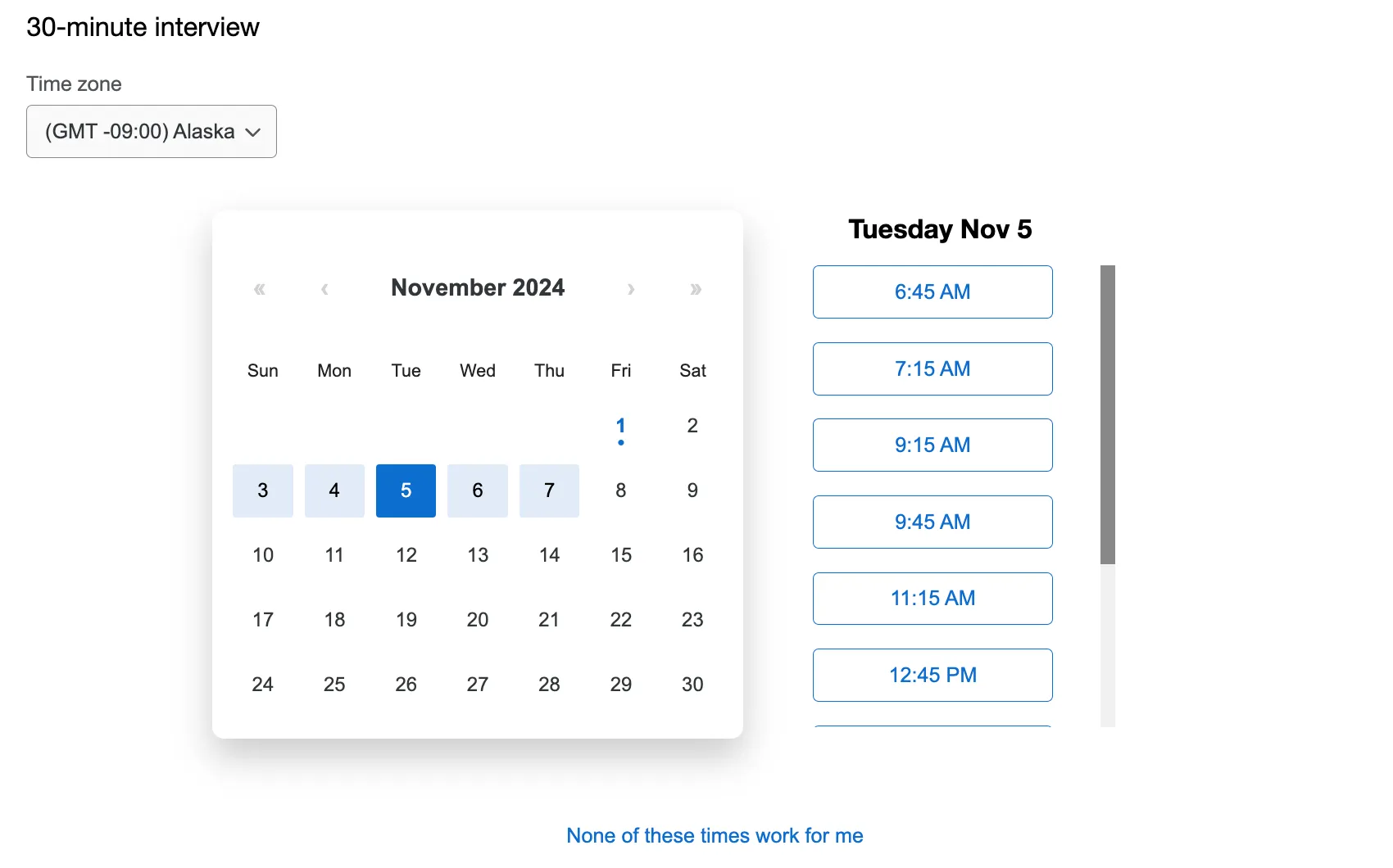 calendar view of how the interview selector question type appears to respondents in the survey