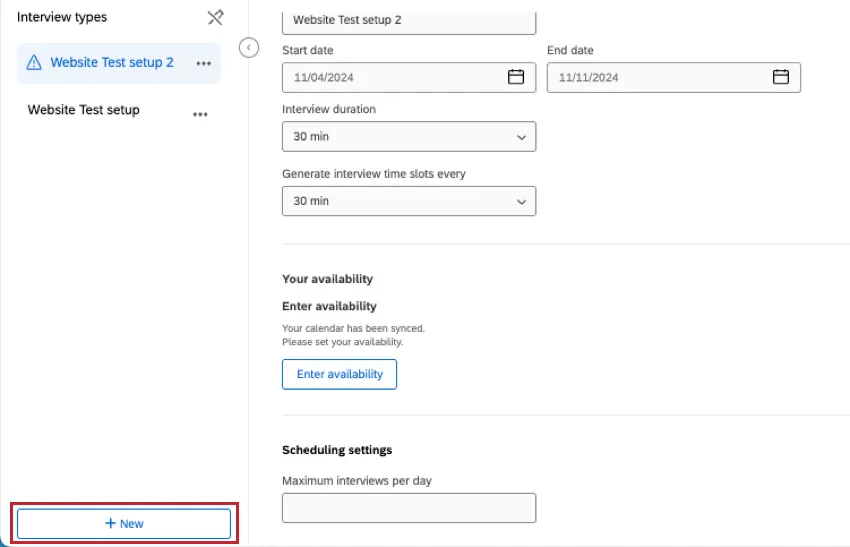 "New" button to create a new interview type