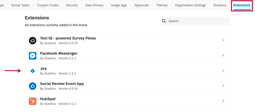 lextension jira dans longlet extension de ladministration