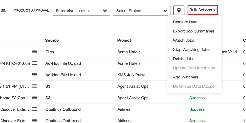 the bulk actions menu at the top of the jobs page