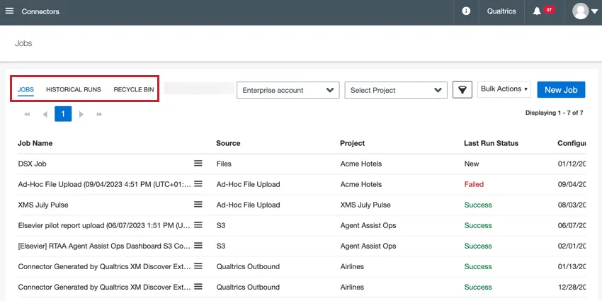 navigate the different sections of the jobs page by using the tabs at the top of the page