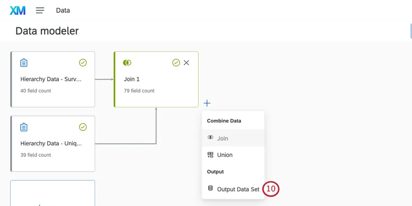 Le signe plus suivant le bloc de jointure ouvre un menu dans lequel vous pouvez sélectionner le jeu de données de sortie