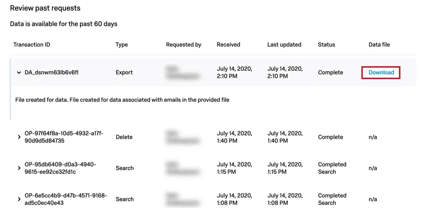 Botão de download na extrema direita de uma solicitação de arquivo