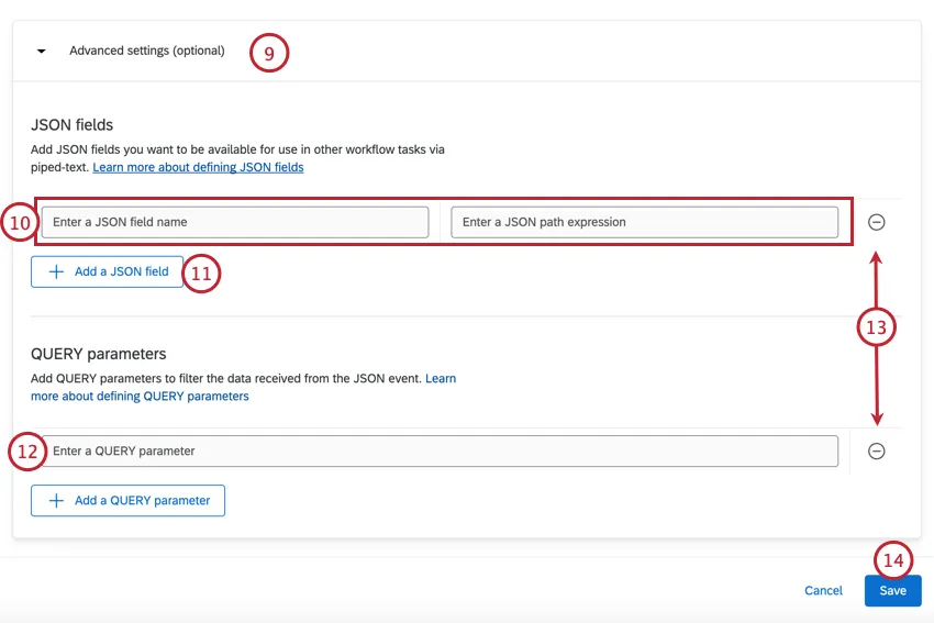 defining event data in the advanced settings section