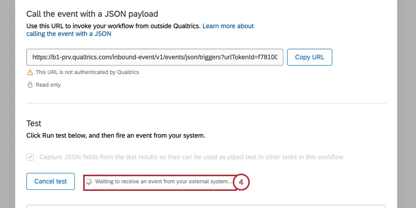 El evento json esperando recibir un evento de su sistema externo