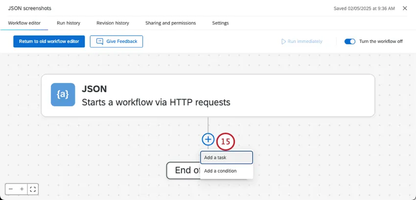 clicking the plus sign, and then a menu appears with add a task and add a condition as options