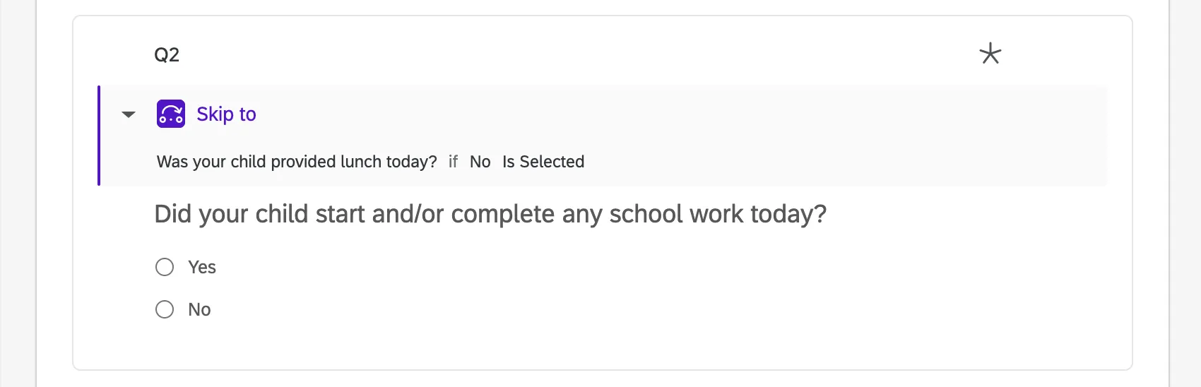 Question with a gray widget along the bottom of it indicating skip logic